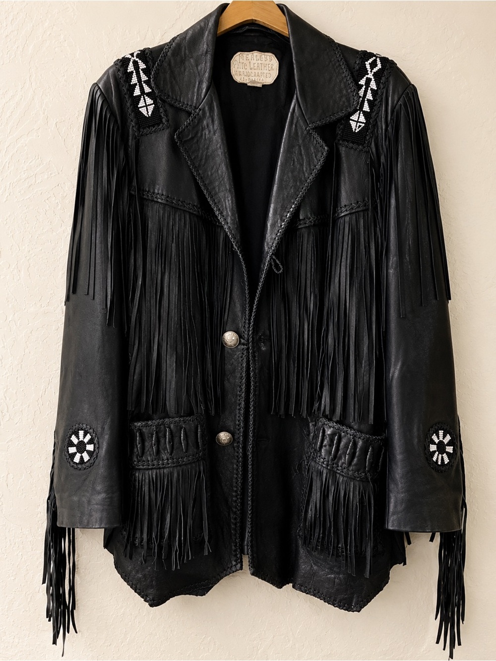Mercury PMC Black Handcrafted Leather Fringe Jacket with Beadwork